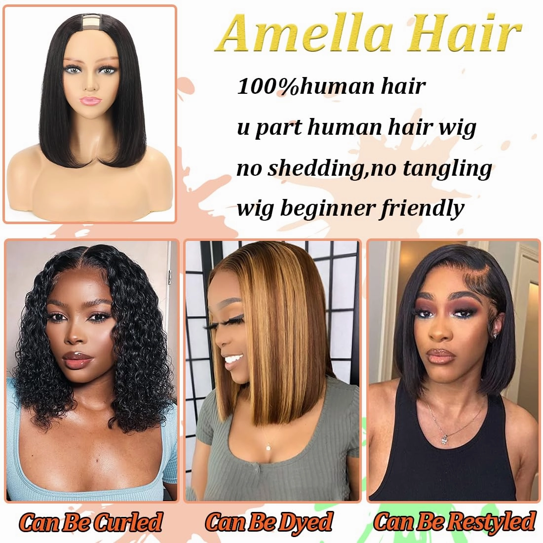 Amella Hair 8inch U Part Bob Wig Human Hair Short Straight U Part Human Hair Wig Glueless Full Head Clip in Half Wig U Shape Wig 150% Density Bob Straight Human Hair Wig