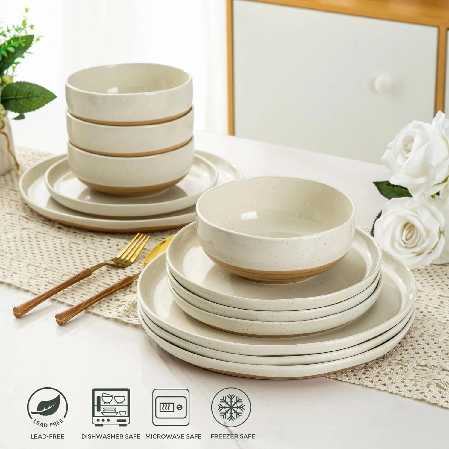 AmorArc Ceramic Dinnerware Sets for 4, 12 Pieces Handpainted Plates and Bowls Set with Rustic Terracotta Underside, Scratch Resistant Stoneware Dishes Set, Dishwasher & Microwave Safe