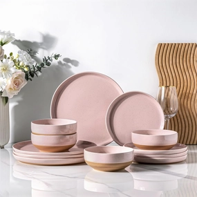 AmorArc Ceramic Dinnerware Sets for 4, 12 Pieces Handpainted Plates and Bowls Set with Rustic Terracotta Underside, Scratch Resistant Stoneware Dishes Set, Dishwasher & Microwave Safe, Cloud Pink