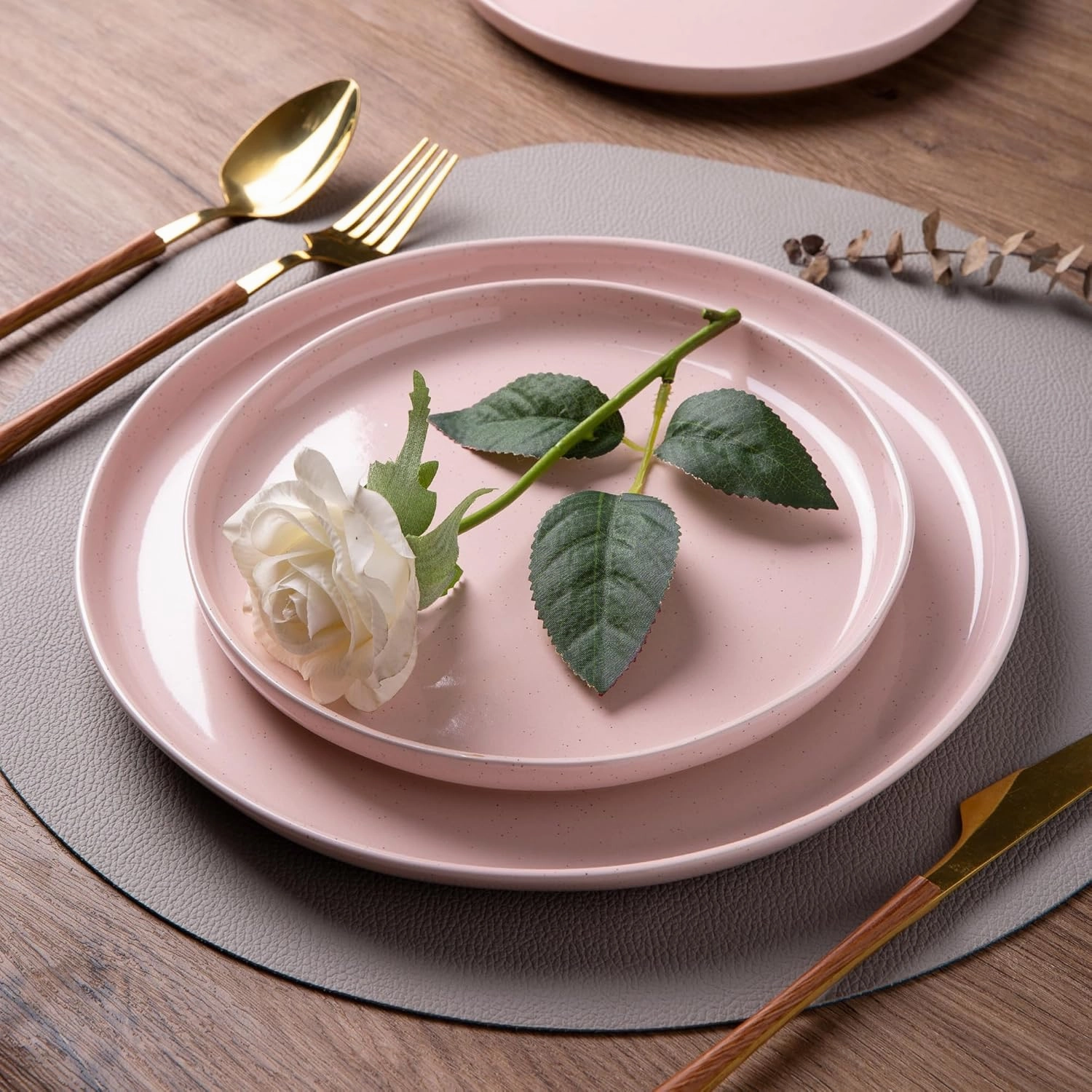 AmorArc Ceramic Dinnerware Sets for 4, 12 Pieces Handpainted Plates and Bowls Set with Rustic Terracotta Underside, Scratch Resistant Stoneware Dishes Set, Dishwasher & Microwave Safe, Cloud Pink