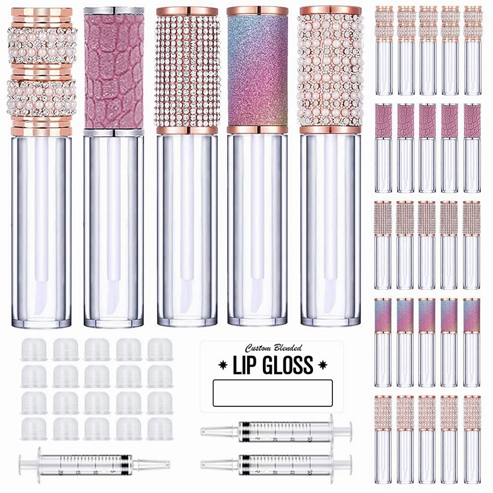 AMORIX 25 Pack Diamond Lip Gloss Tubes with Wand 5ml Empty Rhinestone Lip Gloss Containers Cute Lipgloss Bottles Crystal Lip Gloss Supplies Kit   2pcs Syringes   Labels for DIY Lip Gloss Base