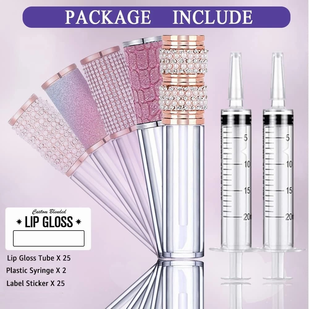 AMORIX 25 Pack Diamond Lip Gloss Tubes with Wand 5ml Empty Rhinestone Lip Gloss Containers Cute Lipgloss Bottles Crystal Lip Gloss Supplies Kit   2pcs Syringes   Labels for DIY Lip Gloss Base