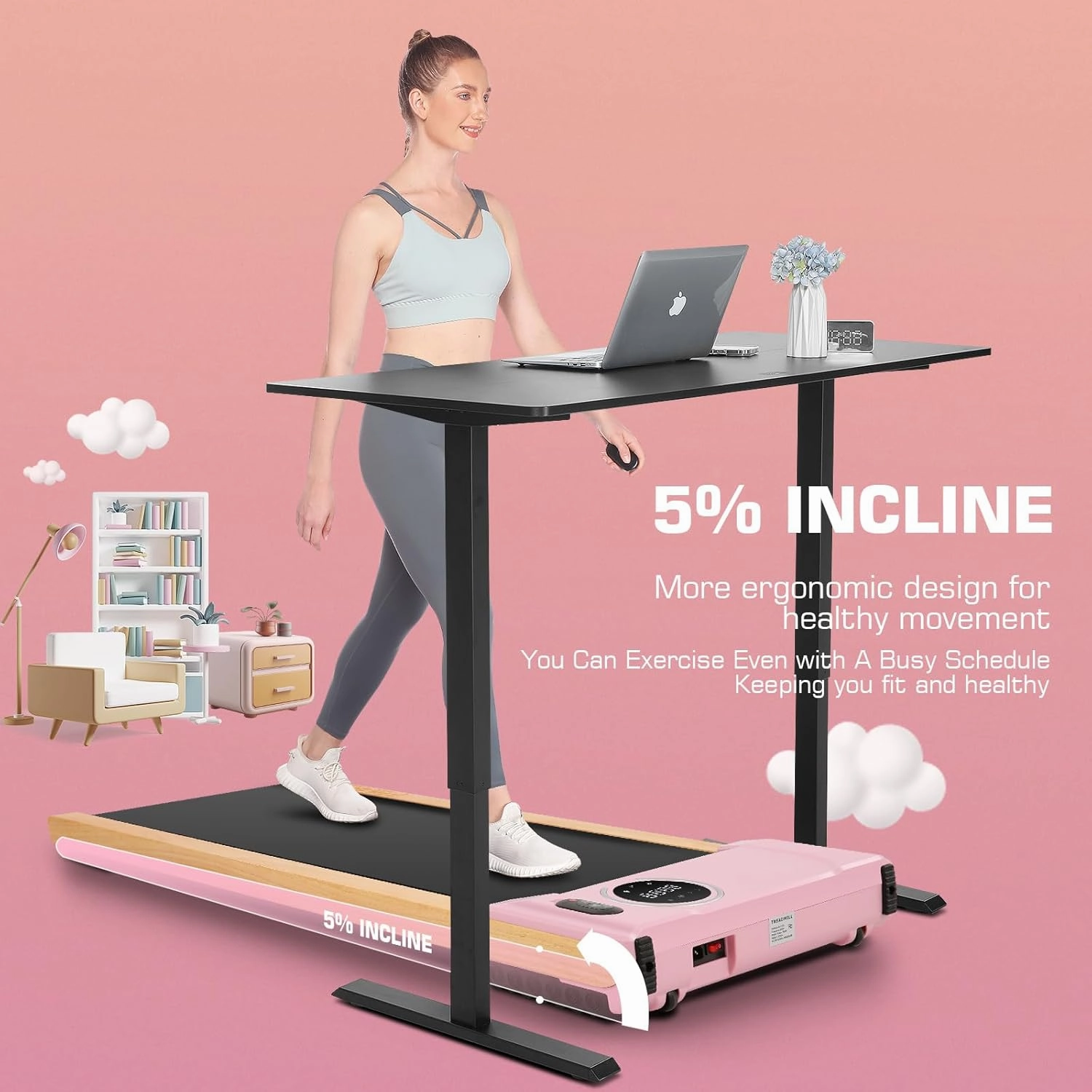 ANCHEER Under Desk Treadmill, Wooden Walking Pad Treadmill with Incline, 2.5HP Portable Treadmills for Home 300 lb Capacity, Smart APP Control Jogging Machine with Remote Control, Installation-Free