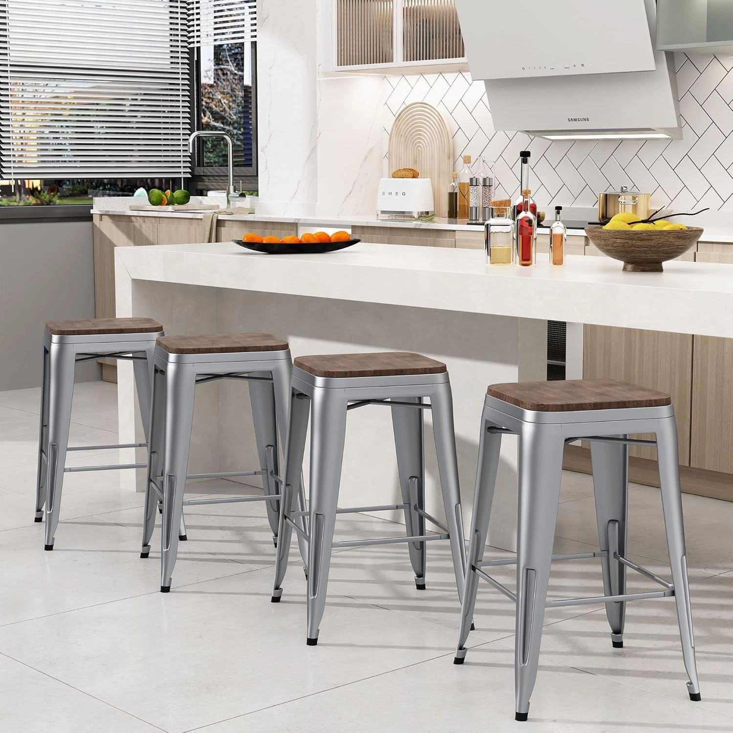 Andeworld Bar Stools Set of 4 Stackable Metal Bar Stools Industrial Counter Height Stools Backless Barstools with Wooden Seats (30 inch, Silver with Wooden Seats)