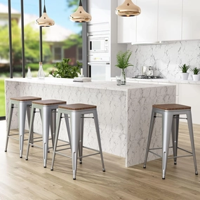 Andeworld Bar Stools Set of 4 Stackable Metal Bar Stools Industrial Counter Height Stools Backless Barstools with Wooden Seats (30 inch, Silver with Wooden Seats)