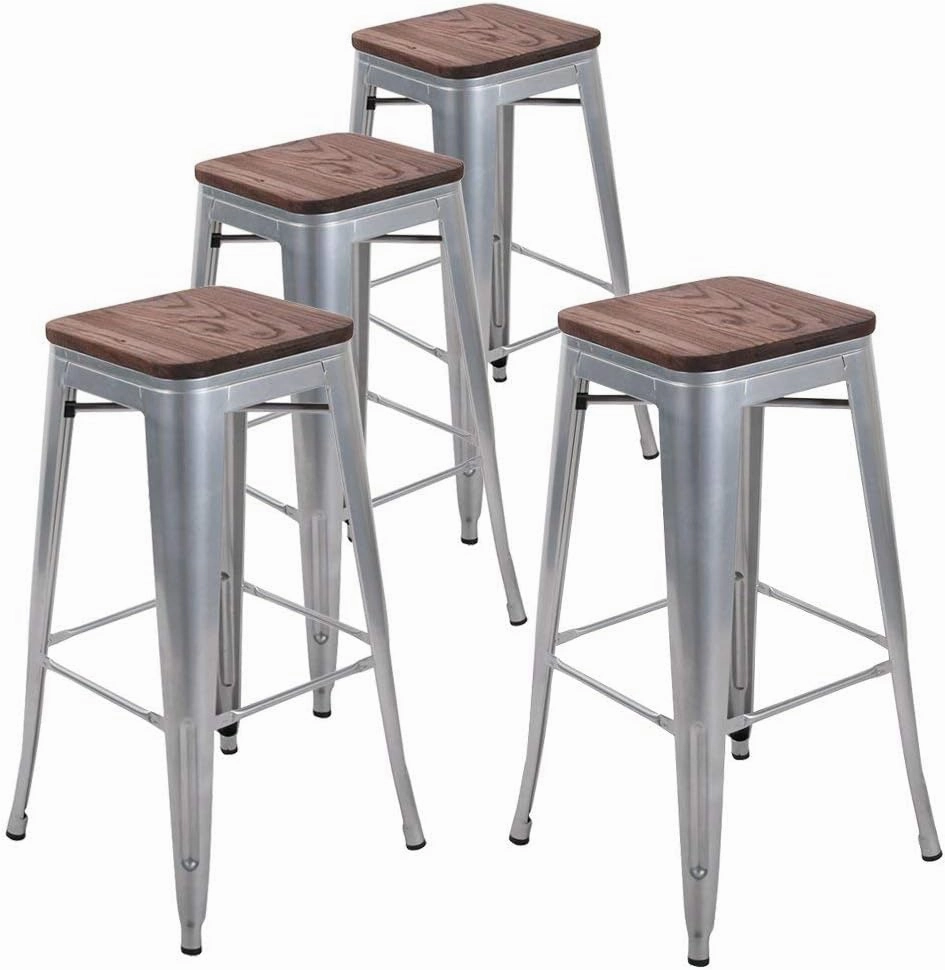 Andeworld Bar Stools Set of 4 Stackable Metal Bar Stools Industrial Counter Height Stools Backless Barstools with Wooden Seats (30 inch, Silver with Wooden Seats)