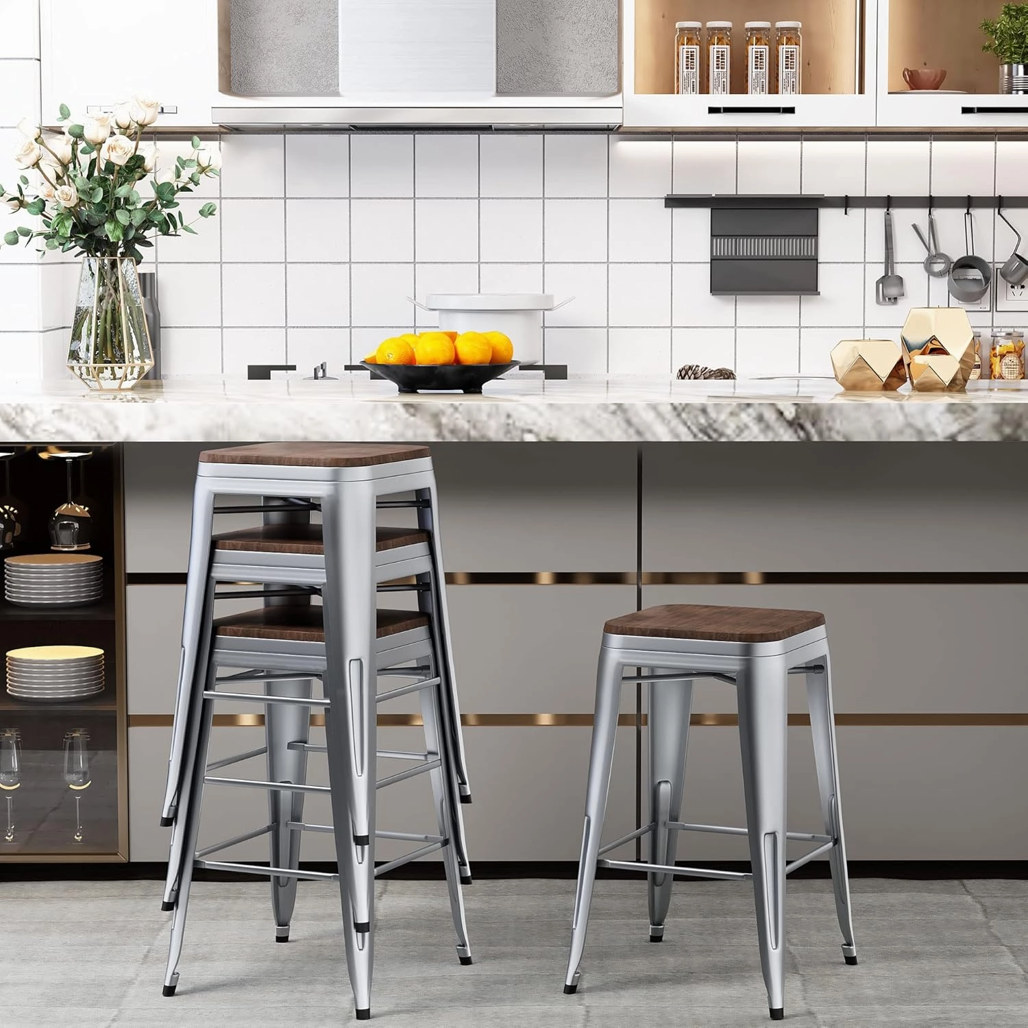 Andeworld Bar Stools Set of 4 Stackable Metal Bar Stools Industrial Counter Height Stools Backless Barstools with Wooden Seats (30 inch, Silver with Wooden Seats)