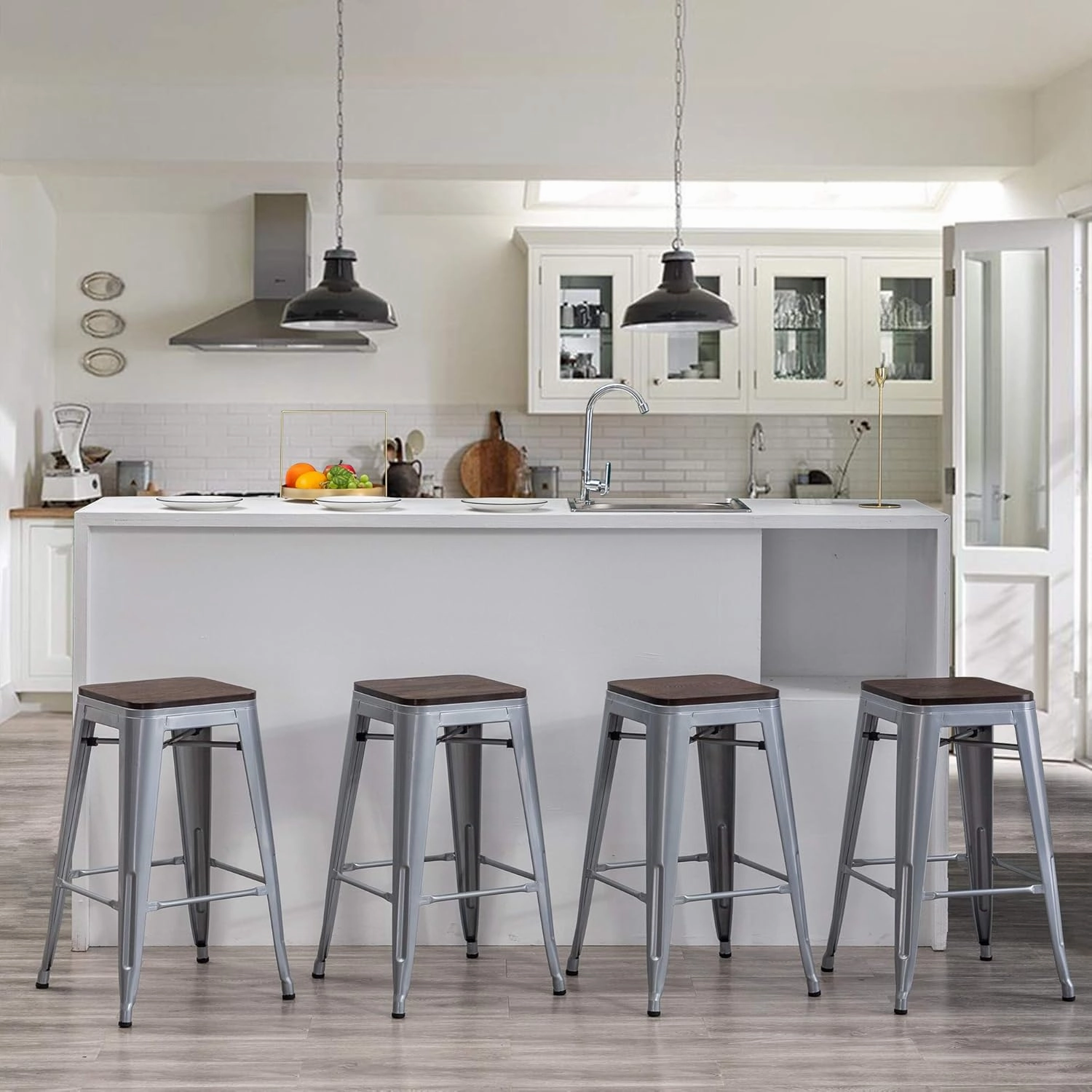 Andeworld Bar Stools Set of 4 Stackable Metal Bar Stools Industrial Counter Height Stools Backless Barstools with Wooden Seats (30 inch, Silver with Wooden Seats)