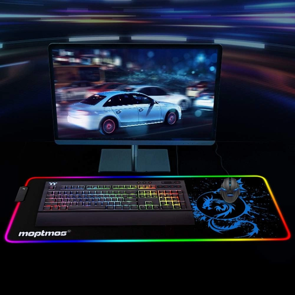 Anime Dragon Mouse Pad RGB Gaming Mousepad Mat LED with 15 Lighting Modes for Computer 31.5 X 12 Inch (Blue)