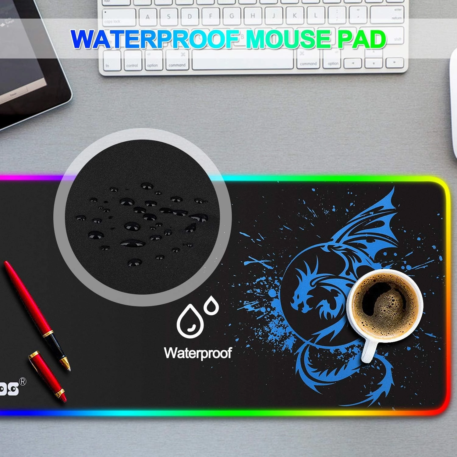 Anime Dragon Mouse Pad RGB Gaming Mousepad Mat LED with 15 Lighting Modes for Computer 31.5 X 12 Inch (Blue)