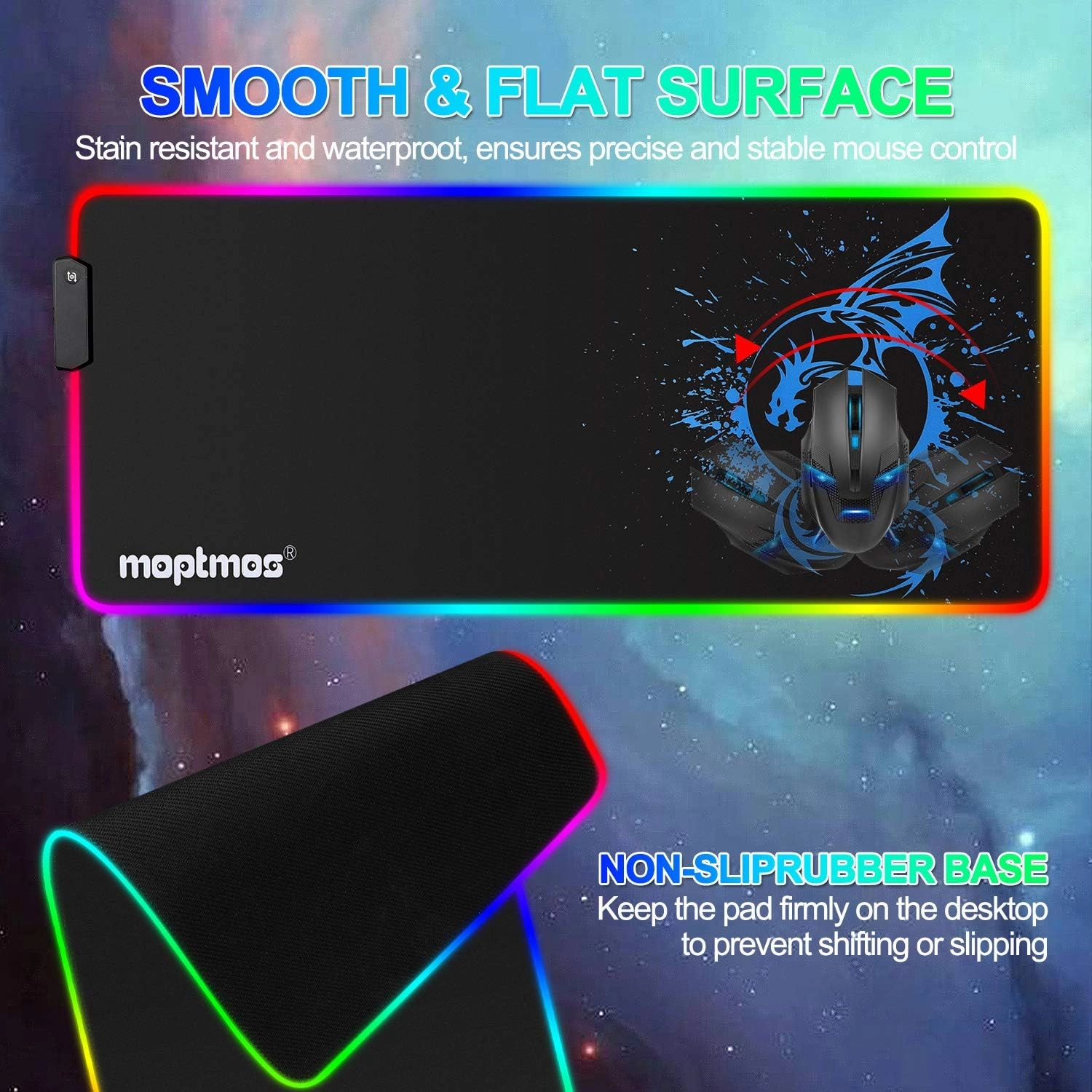 Anime Dragon Mouse Pad RGB Gaming Mousepad Mat LED with 15 Lighting Modes for Computer 31.5 X 12 Inch (Blue)