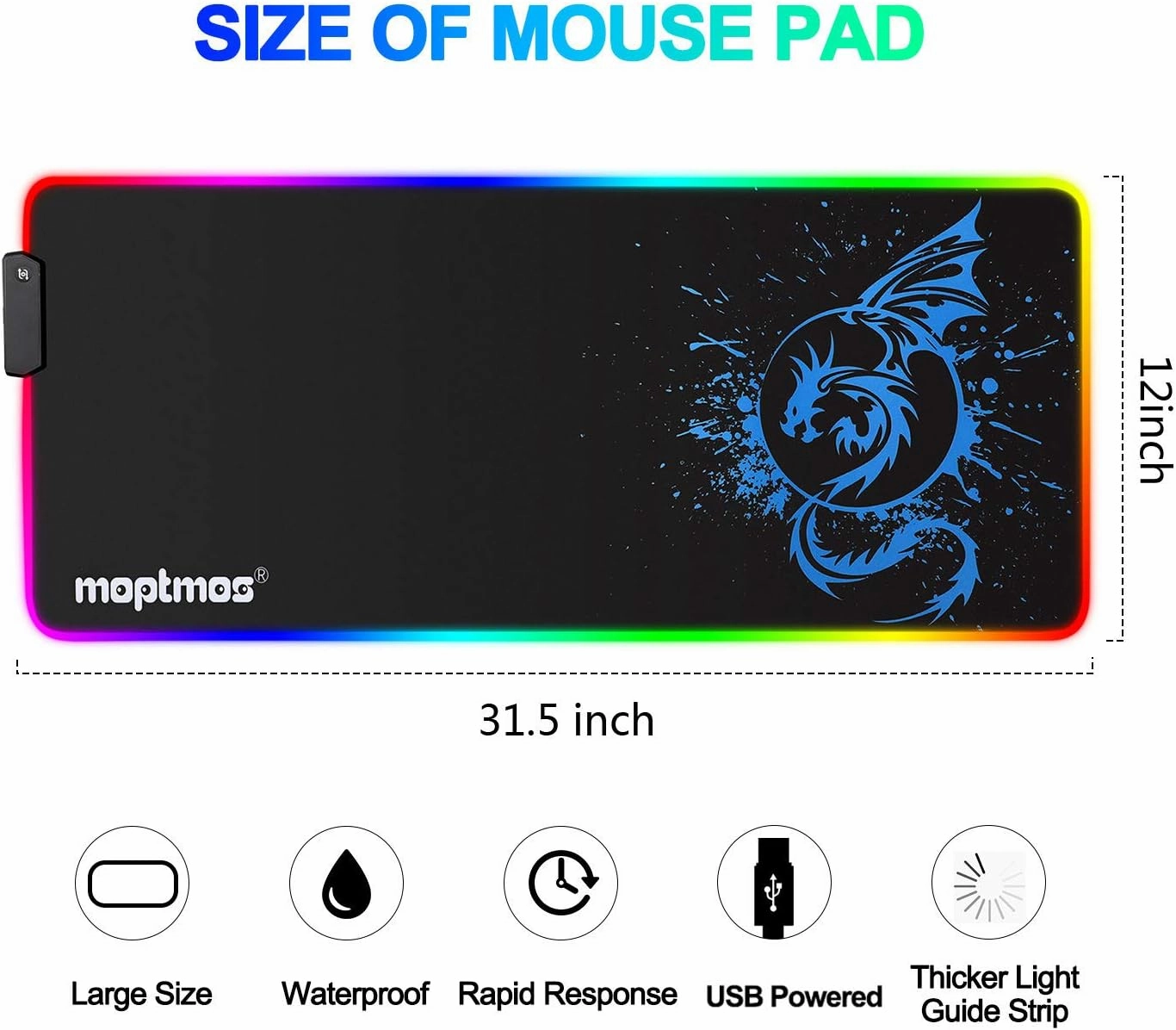 Anime Dragon Mouse Pad RGB Gaming Mousepad Mat LED with 15 Lighting Modes for Computer 31.5 X 12 Inch (Blue)