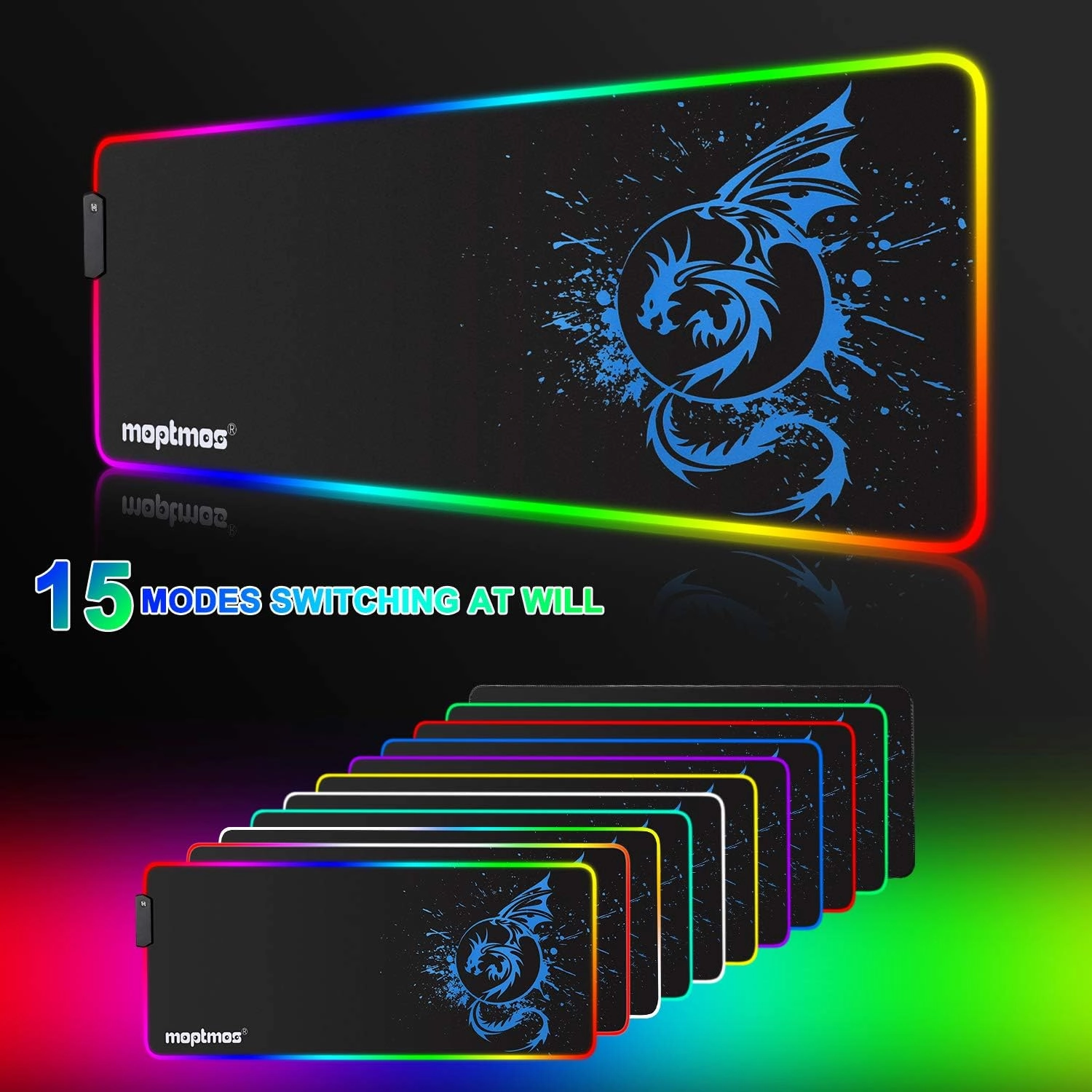 Anime Dragon Mouse Pad RGB Gaming Mousepad Mat LED with 15 Lighting Modes for Computer 31.5 X 12 Inch (Blue)