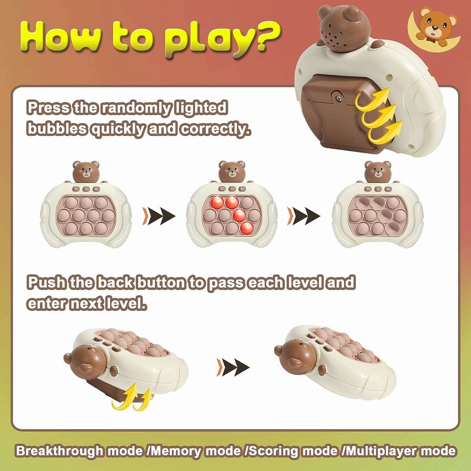 Anti Stress Sensory Bubble Pop Fidget Toys 4 Modes Quick Push Puzzle Handheld Flashing Console Toy For Kids And Adults
