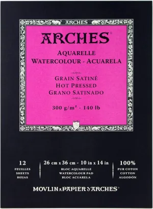 Arches Watercolor Pad 10x14-inch Natural White 100% Cotton Paper - 12 Sheet Arches Hot Press Watercolor Paper 140 lb Pad - Arches Art Paper for Watercolor Gouache Ink Acrylic and More