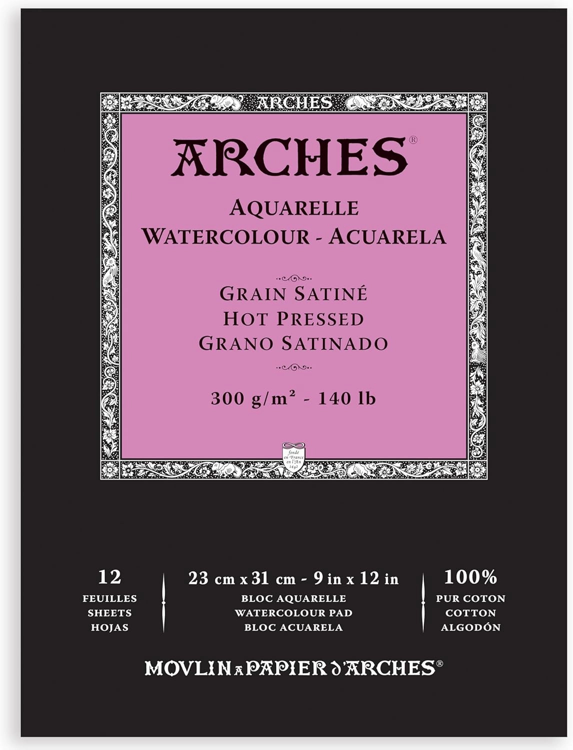 Arches Aquarelle Watercolor Pad, Hot Pressed, 140lb/300gsm, 12 Sheet, 9x12 inch, Arches Watercolor Paper 100% Cotton