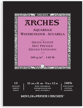 Arches Aquarelle Watercolor Pad, Hot Pressed, 140lb/300gsm, 12 Sheet, 9x12 inch, Arches Watercolor Paper 100% Cotton