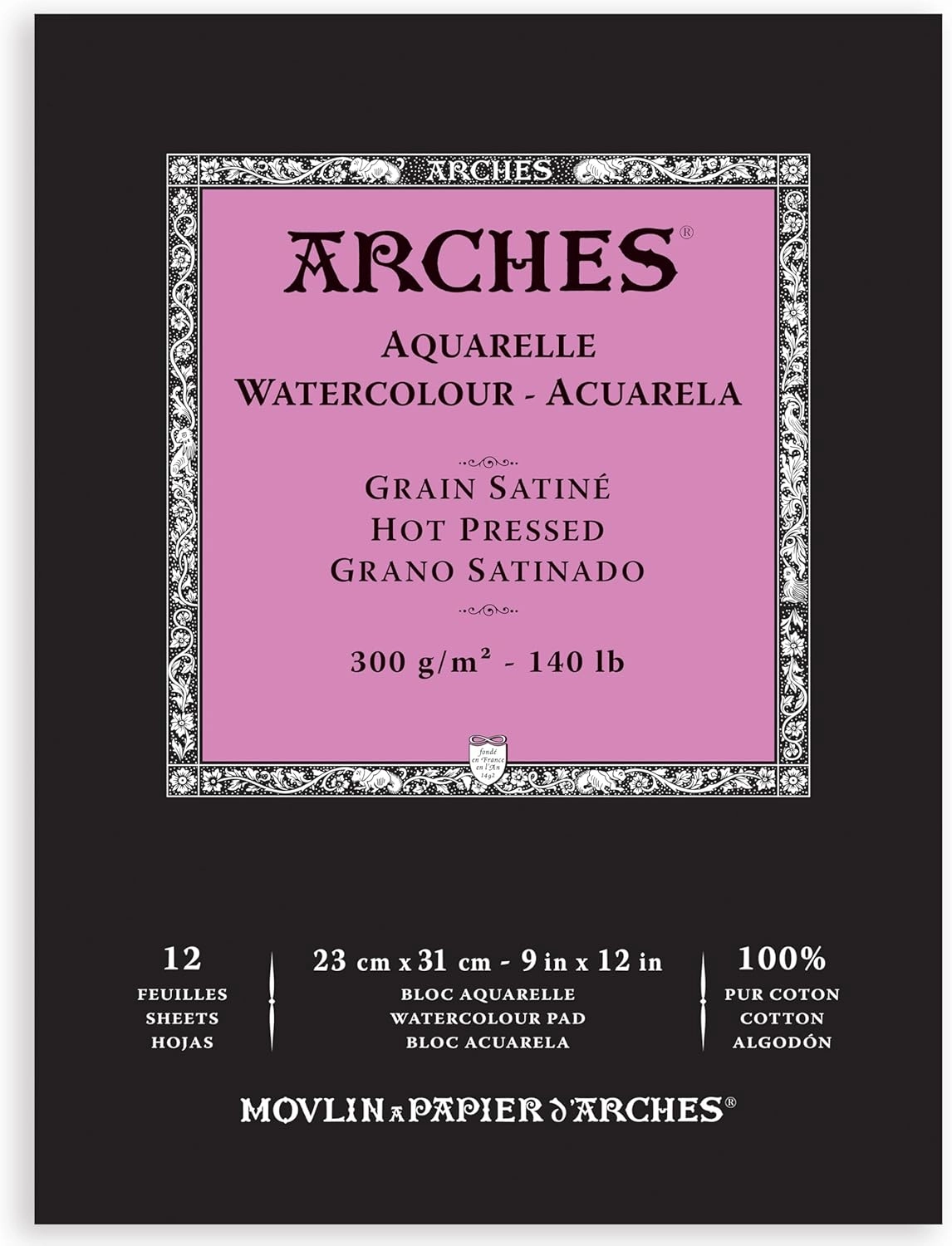 Arches Aquarelle Watercolor Pad, Hot Pressed, 140lb/300gsm, 12 Sheet, 9x12 inch, Arches Watercolor Paper 100% Cotton
