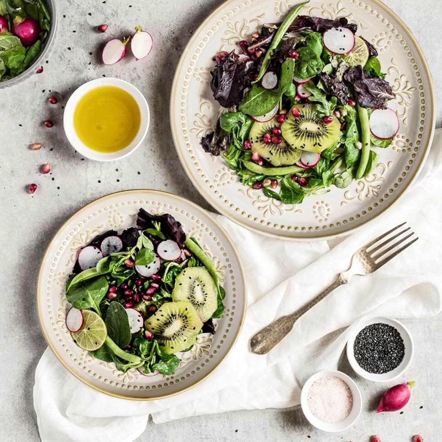 Artena Large Ceramic Dinner Plates Set Of 4, 10.75 Inch Embossed Kitchen Salad Plates, Modern Serving Plates For Restaurant, Plates With Lipped Edges, Microwave Dishwasher Safe (Multiple Patterns)