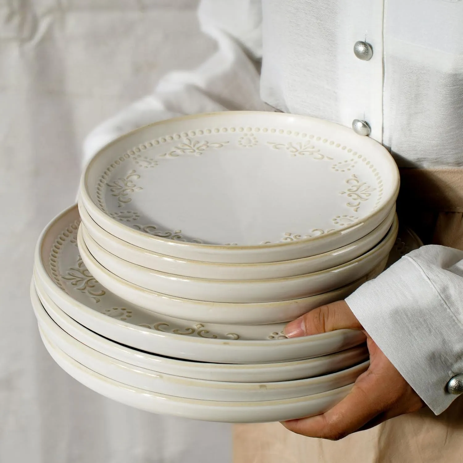 Artena Large Ceramic Dinner Plates Set Of 4, 10.75 Inch Embossed Kitchen Salad Plates, Modern Serving Plates For Restaurant, Plates With Lipped Edges, Microwave Dishwasher Safe (Multiple Patterns)