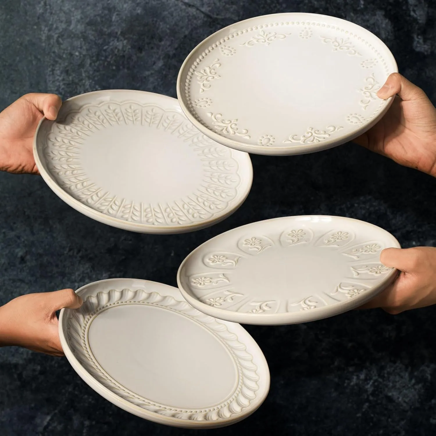 Artena Large Ceramic Dinner Plates Set Of 4, 10.75 Inch Embossed Kitchen Salad Plates, Modern Serving Plates For Restaurant, Plates With Lipped Edges, Microwave Dishwasher Safe (Multiple Patterns)