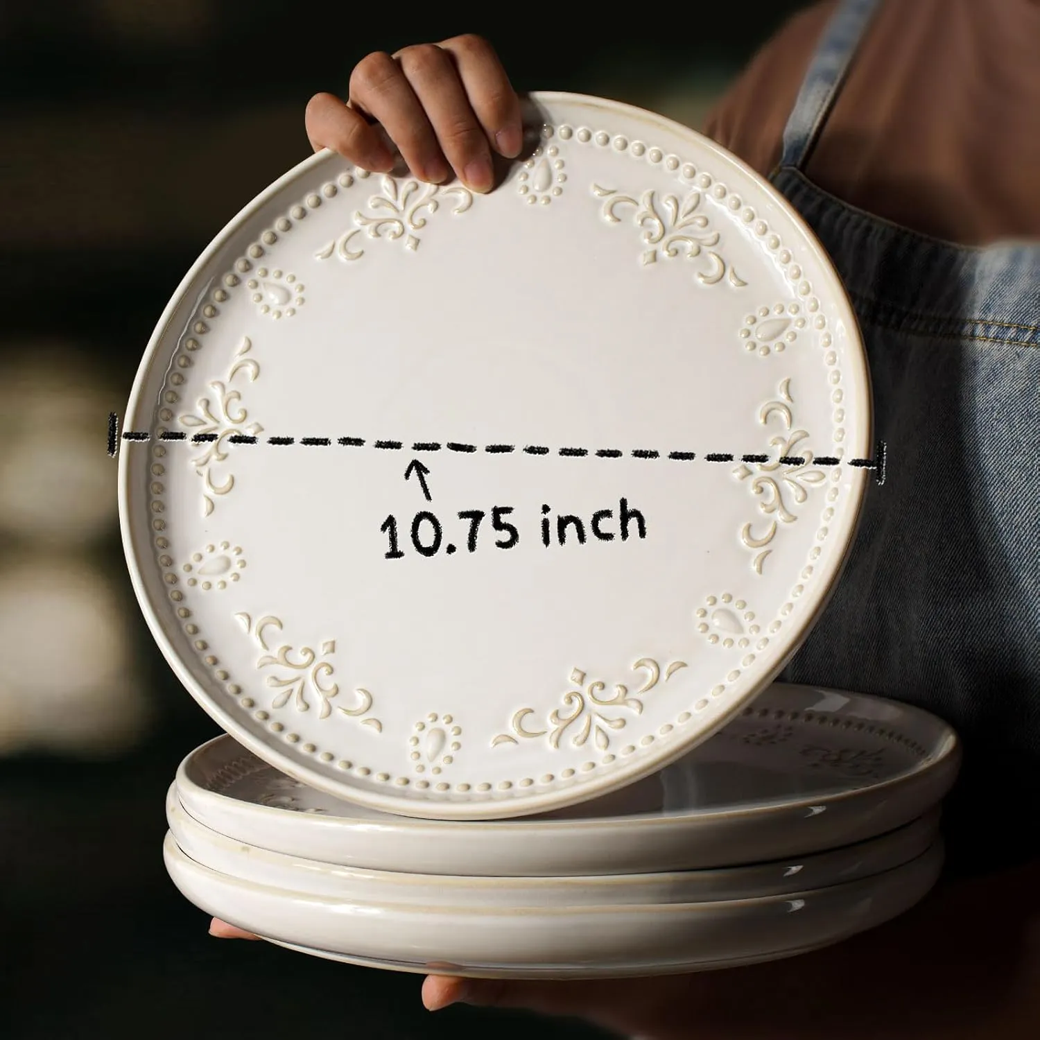 Artena Large Ceramic Dinner Plates Set Of 4, 10.75 Inch Embossed Kitchen Salad Plates, Modern Serving Plates For Restaurant, Plates With Lipped Edges, Microwave Dishwasher Safe (Multiple Patterns)