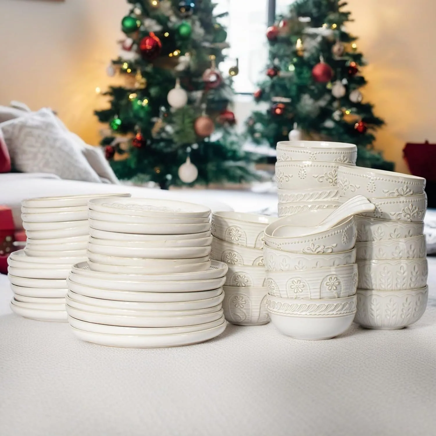 Artena Large Ceramic Dinner Plates Set Of 4, 10.75 Inch Embossed Kitchen Salad Plates, Modern Serving Plates For Restaurant, Plates With Lipped Edges, Microwave Dishwasher Safe (Multiple Patterns)