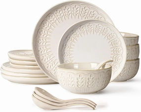 Artena Plates And Bowls Sets, 16 Pieces Dinnerware Sets, Dish Set For 4, Ceramic Kitchen Bowl And Plate Set, Embossed White Dishware Sets, Dishwasher & Microwave Safe (Wheat Leaf)