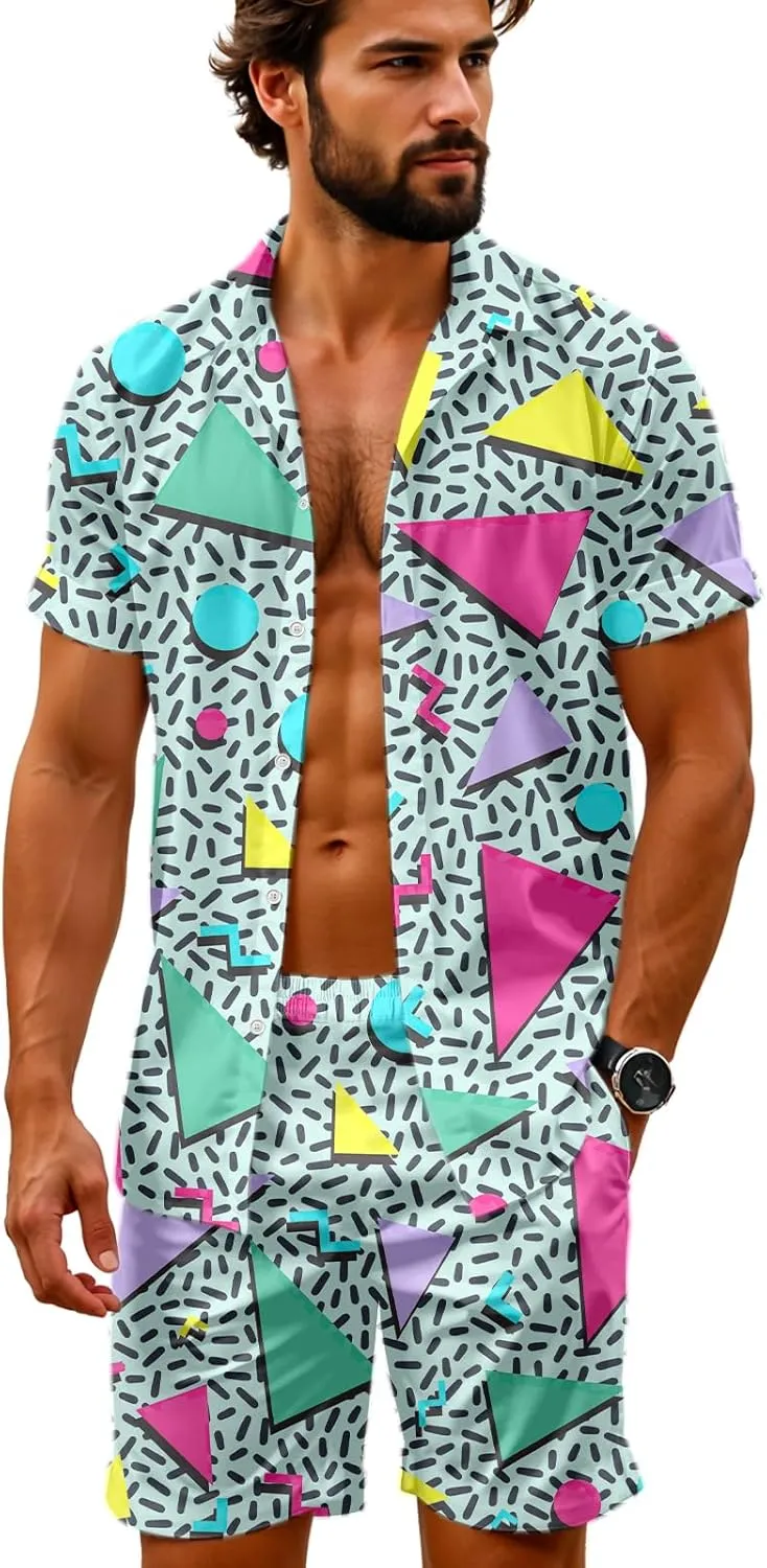 Artsadd 80s 90s Outfit for Men Hawaiian Shirt and Shorts Set Beach Party Outfits