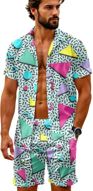 Artsadd 80s 90s Outfit for Men Hawaiian Shirt and Shorts Set Beach Party Outfits