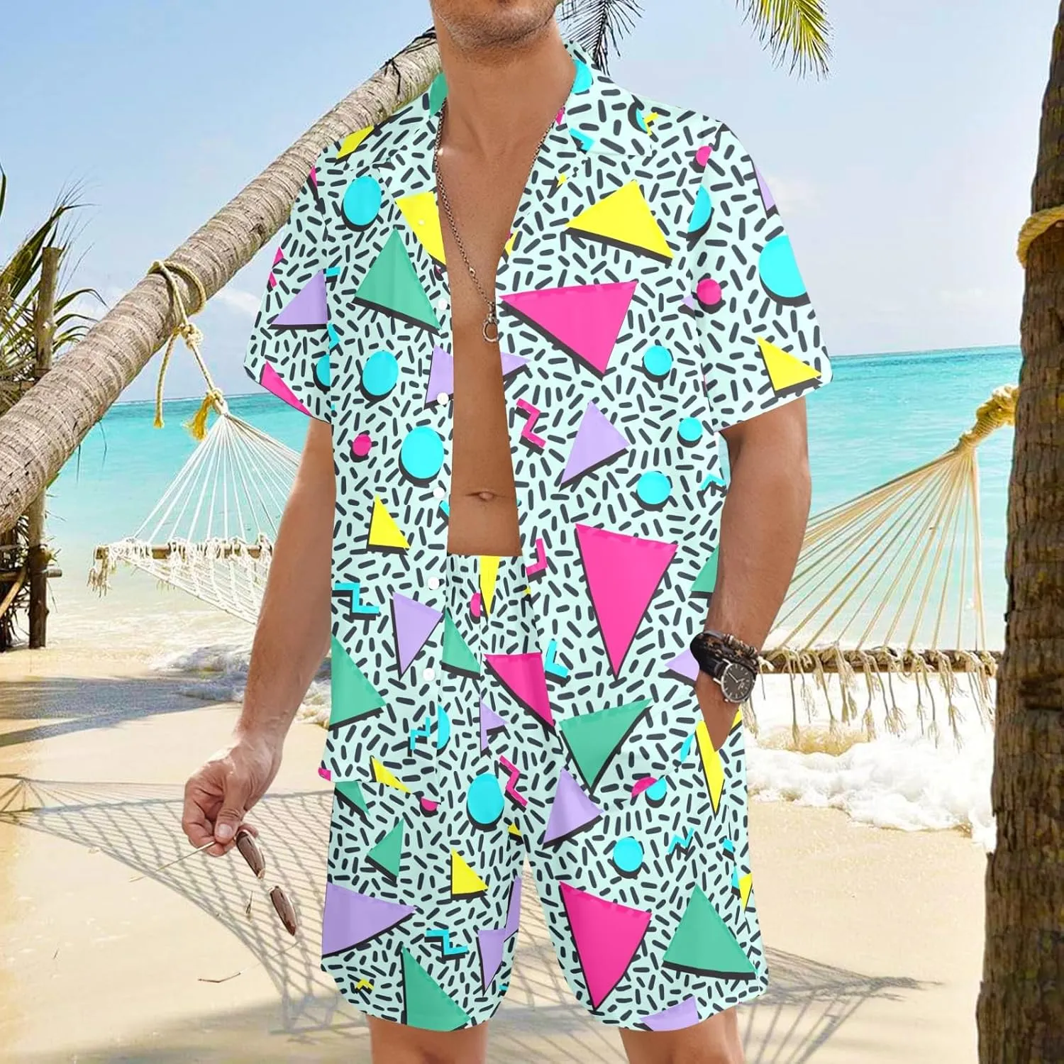 Artsadd 80s 90s Outfit for Men Hawaiian Shirt and Shorts Set Beach Party Outfits
