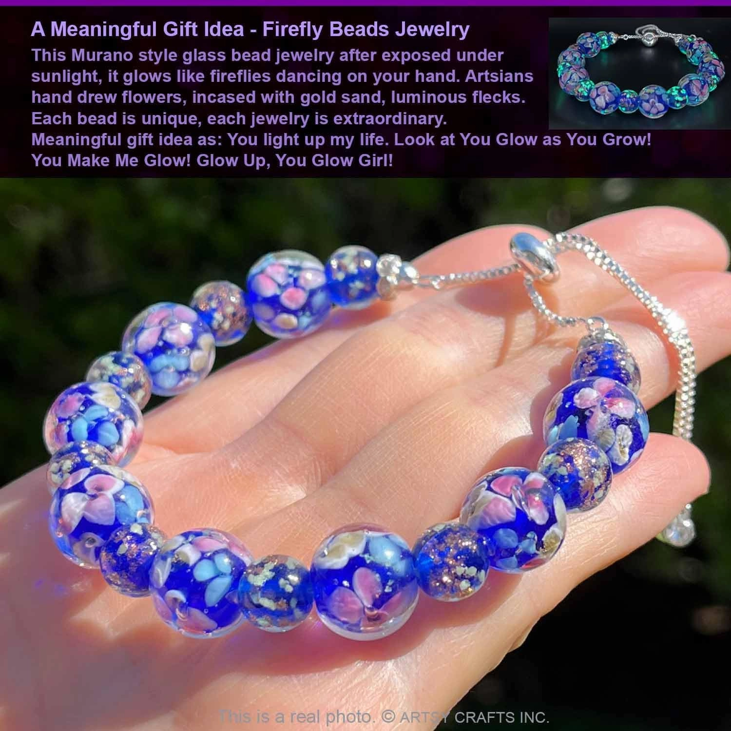ARTSY Crafts Lily Garden Glow in the Dark Firefly Bead Bracelets Necklaces, Handmade in USA Murano Glass Jewelry, Flower Luminous Beads Mermaid Crystal Bracelet Bangle