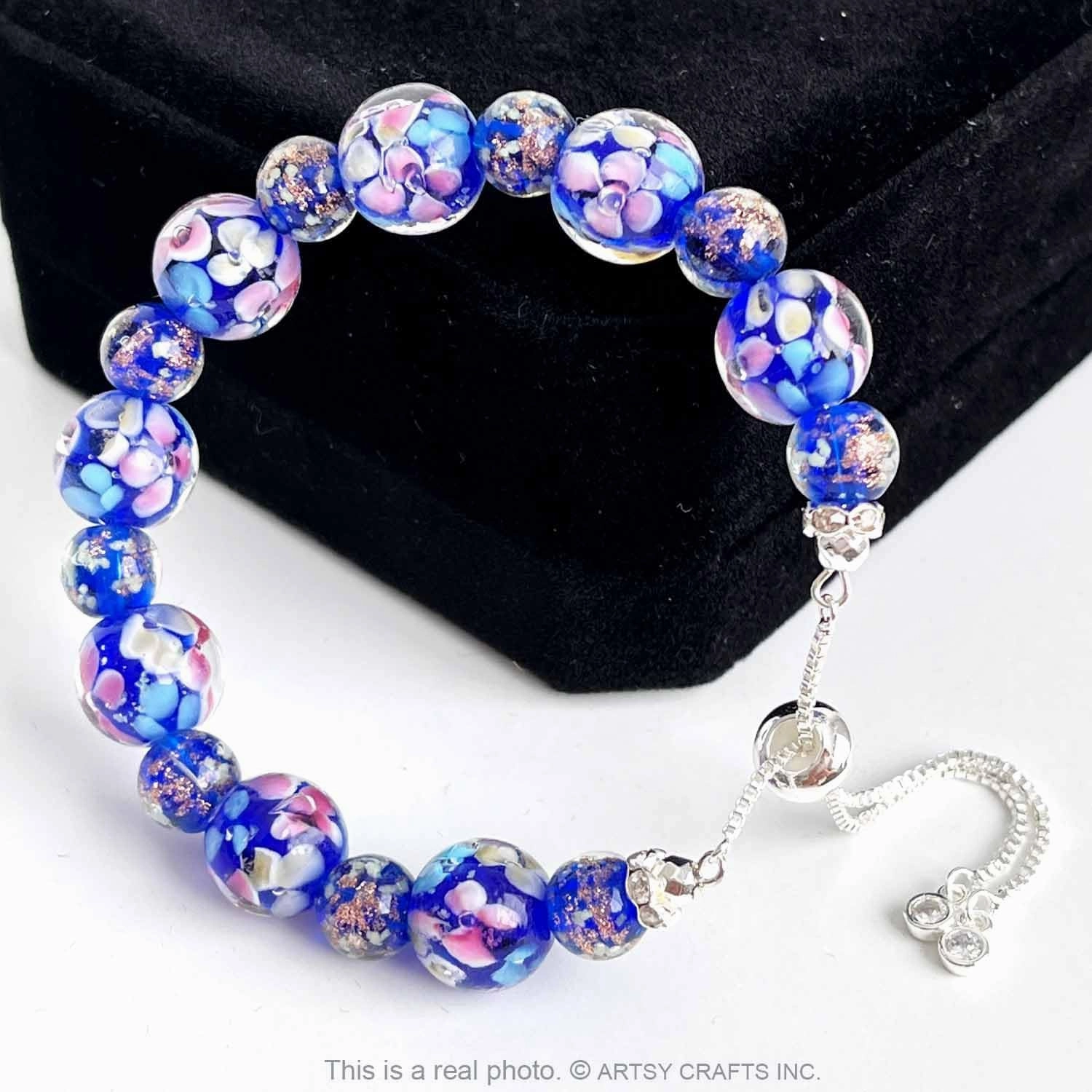 ARTSY Crafts Lily Garden Glow in the Dark Firefly Bead Bracelets Necklaces, Handmade in USA Murano Glass Jewelry, Flower Luminous Beads Mermaid Crystal Bracelet Bangle