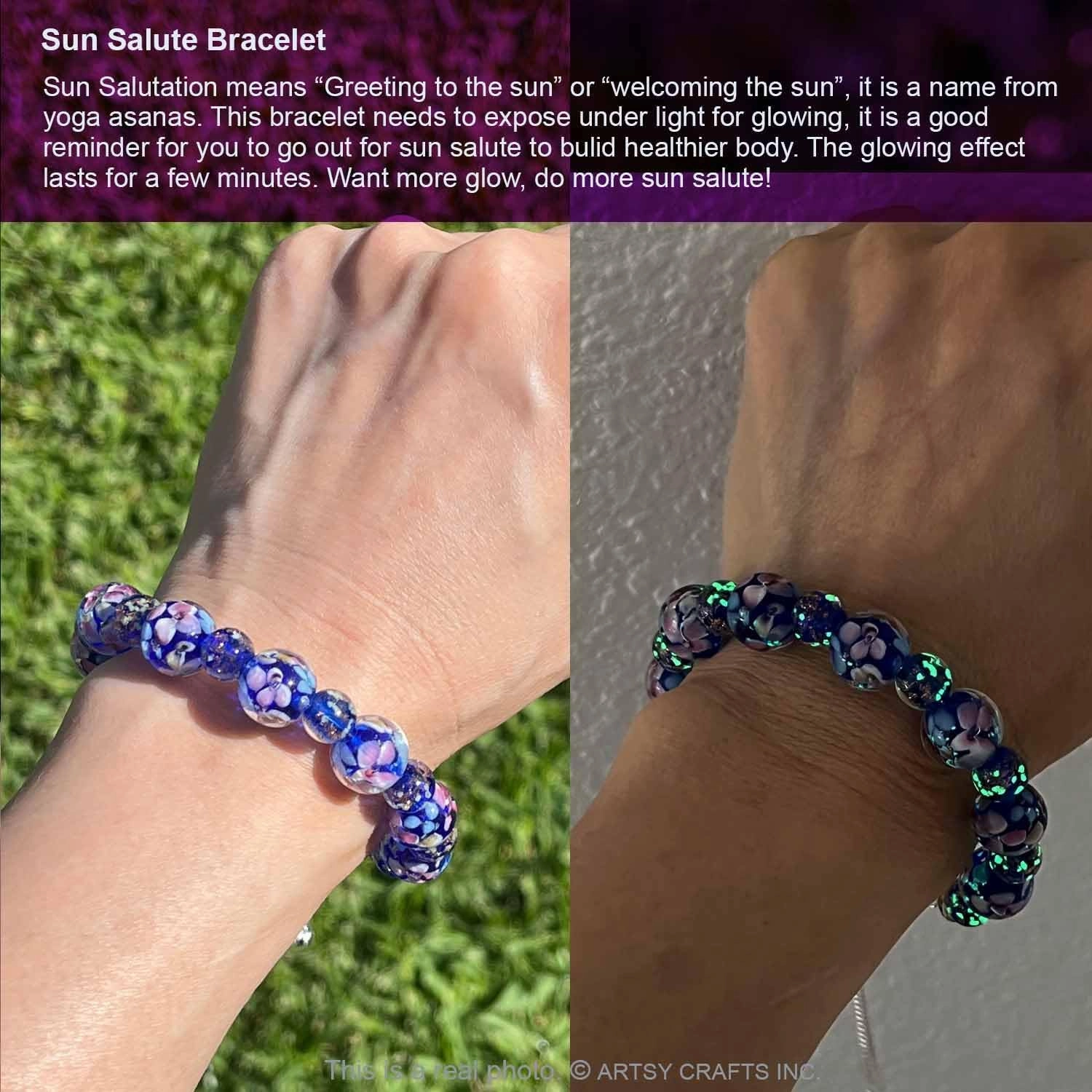 ARTSY Crafts Lily Garden Glow in the Dark Firefly Bead Bracelets Necklaces, Handmade in USA Murano Glass Jewelry, Flower Luminous Beads Mermaid Crystal Bracelet Bangle