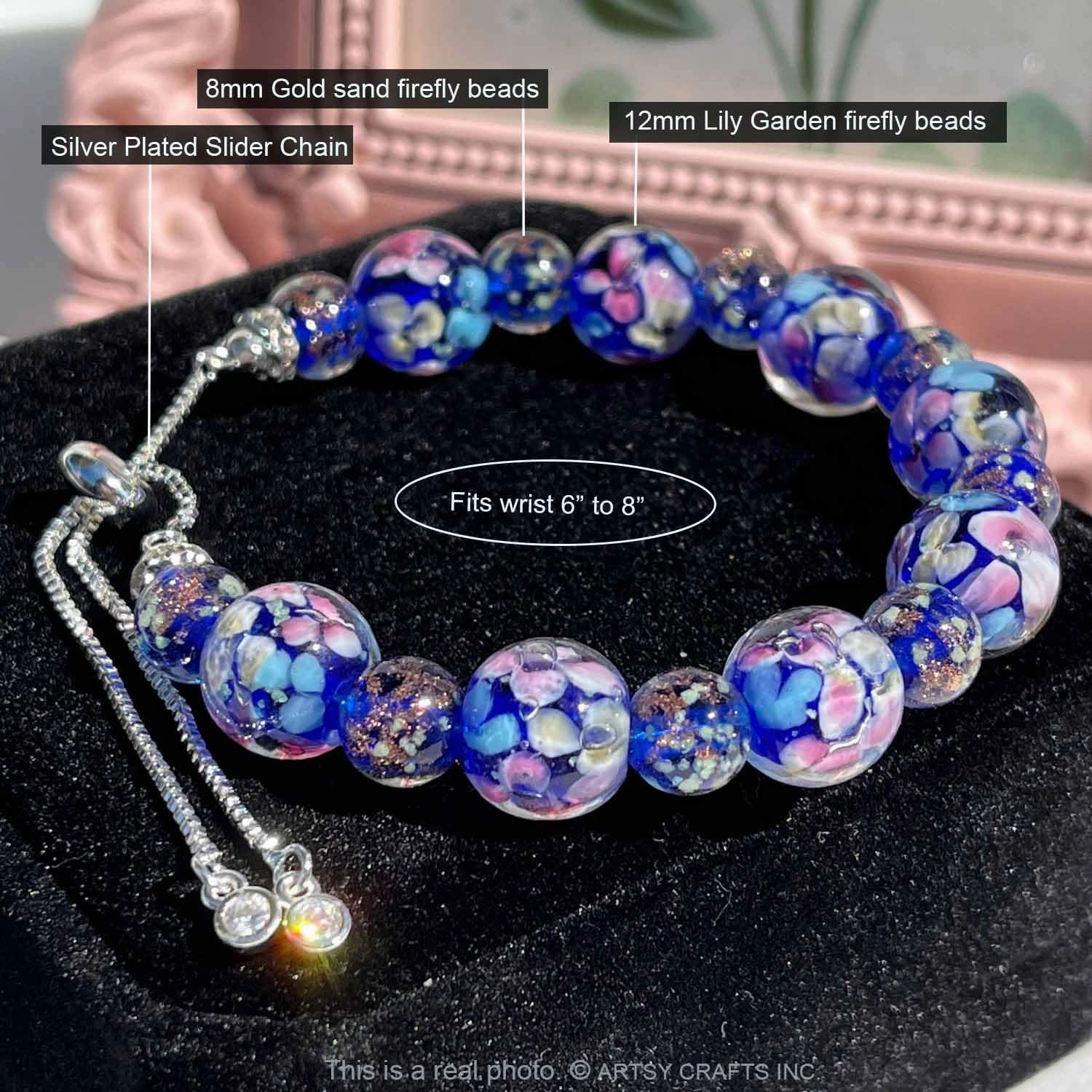 ARTSY Crafts Lily Garden Glow in the Dark Firefly Bead Bracelets Necklaces, Handmade in USA Murano Glass Jewelry, Flower Luminous Beads Mermaid Crystal Bracelet Bangle