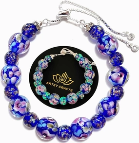 ARTSY Crafts Lily Garden Glow in the Dark Firefly Bead Bracelets Necklaces, Handmade in USA Murano Glass Jewelry, Flower Luminous Beads Mermaid Crystal Bracelet Bangle