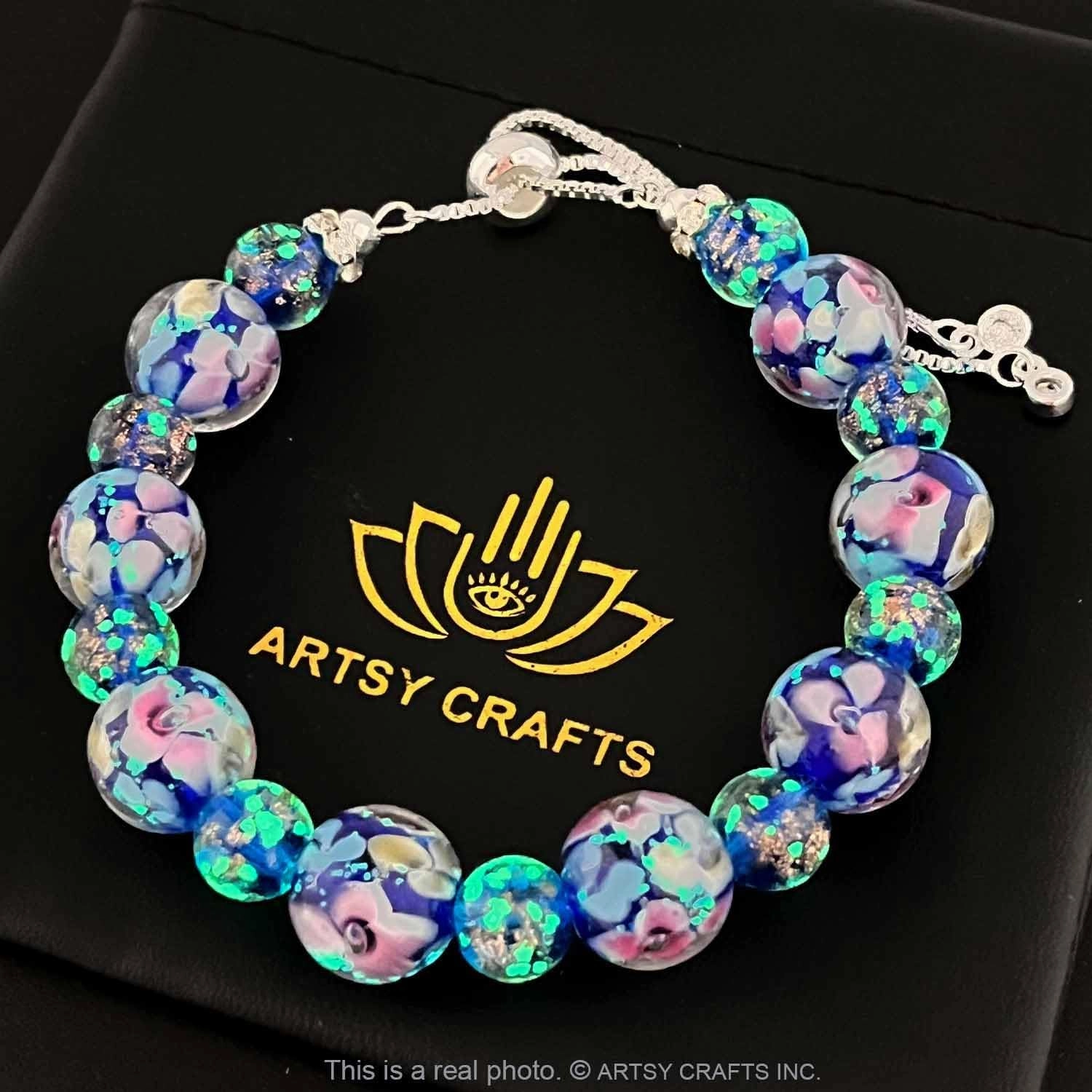 ARTSY Crafts Lily Garden Glow in the Dark Firefly Bead Bracelets Necklaces, Handmade in USA Murano Glass Jewelry, Flower Luminous Beads Mermaid Crystal Bracelet Bangle