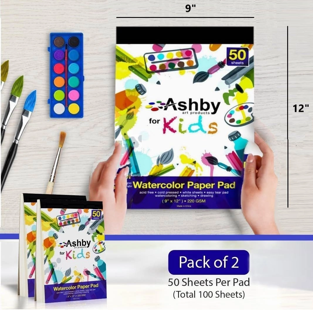 Ashby for Kids - 2 Pack of 9 x12 (220 GSM) Watercolor Paper for Kids. 100 Extra Thick Pages (50 per Pad). Great for Fingerpaints, Drawing, Doodling and Sketching. Easy to Remove Pages. Natural White