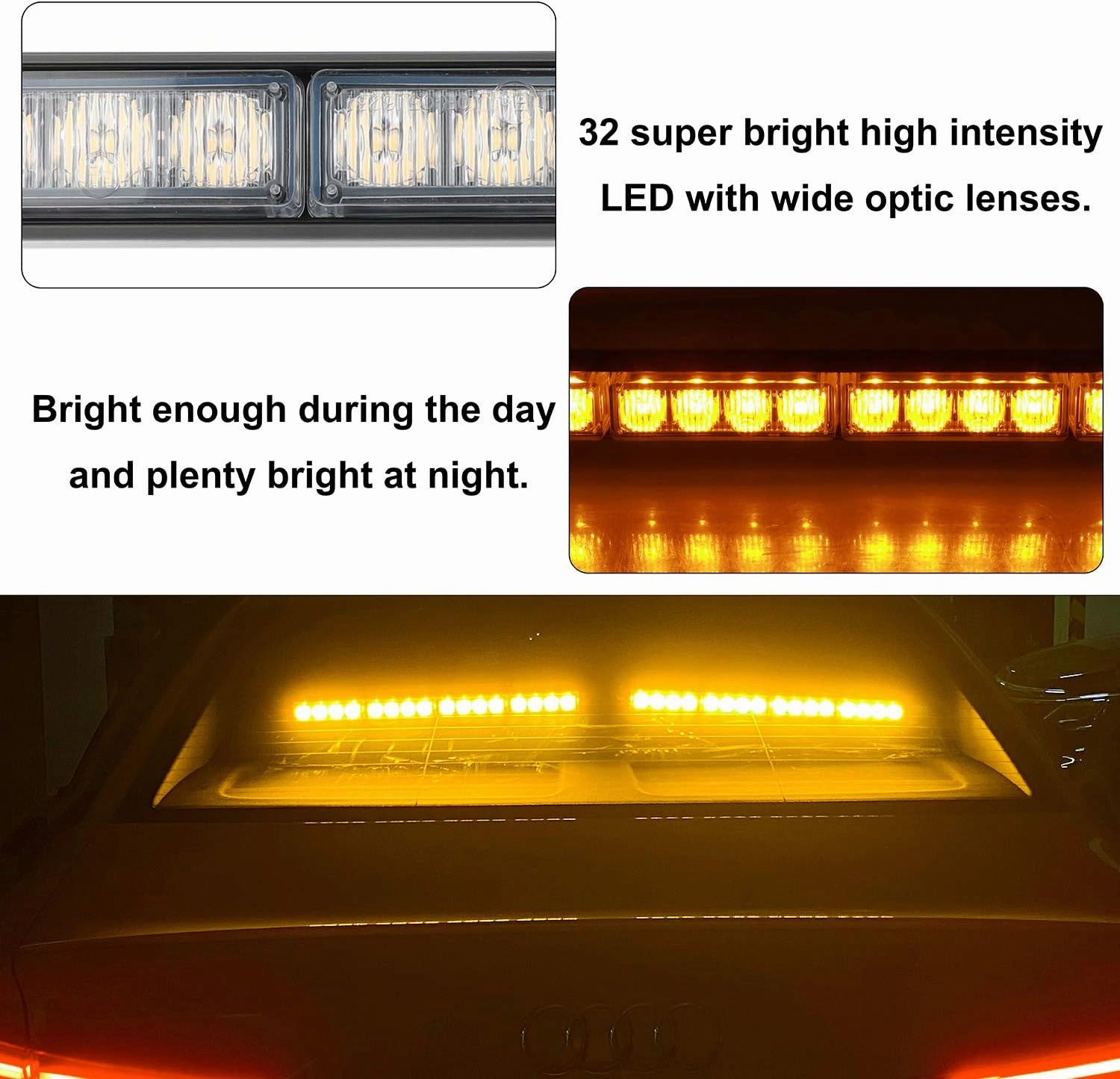 ASPL 2x16.8 inch Emergency Flashing LED Traffic Advisor Strobe Light Bar 32LED 26 Flash Patterns Interior Safety Warning Lights (Amber)