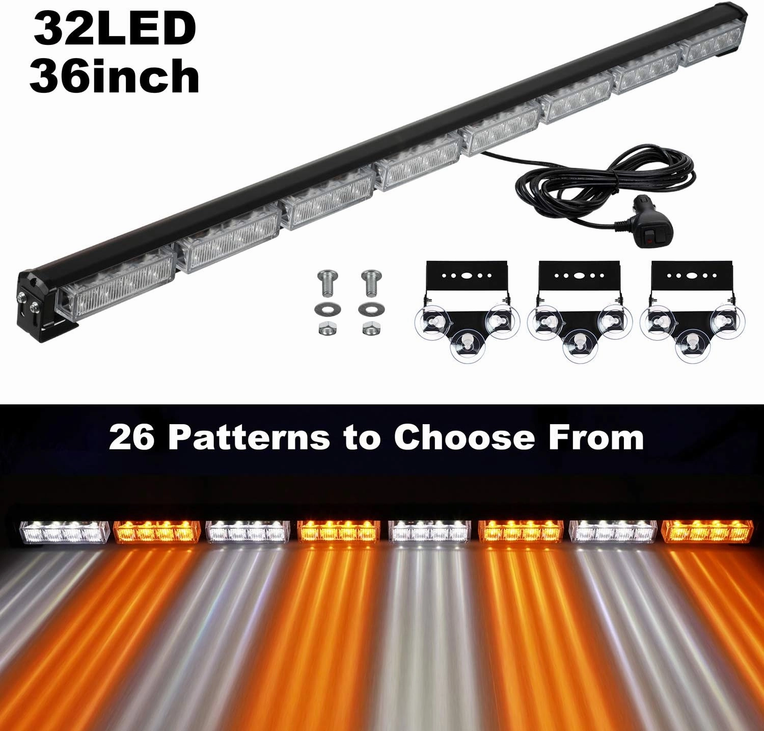 ASPL 36" 32LED Traffic Advisor Light Bar Warning Emergency Strobe Light Bar Directional Flashing Emergency Caution Lighting Led Safety Lights with 16 ft Straight Cord (Amber/White)