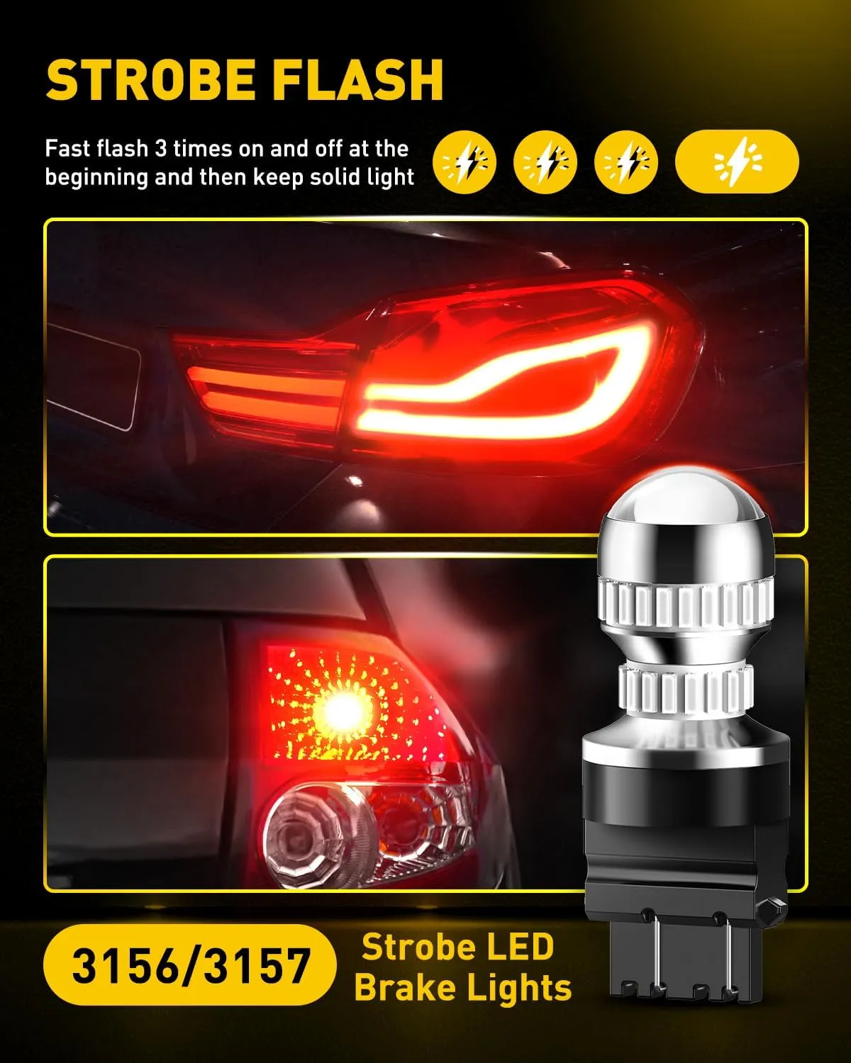 AUXITO T25 3156 3157 LED Strobe Brake Lights Bulbs, Red Flashing Stop Light, Super Bright 3056 3057 3047 3155 3457 4057 4117 4157 Flashing Strobe Blinking LED Tail Light Bulbs, Pack of 2