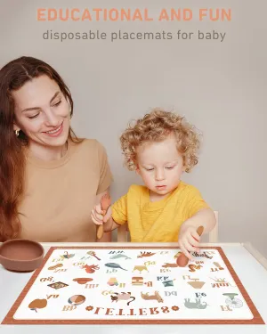 Babebay Disposable Placemats for Baby, 60 Pack Sticky Toddler Placemat for Restaurants, Dining Table, Party, Travel, 12" x 18" with 4 Designs