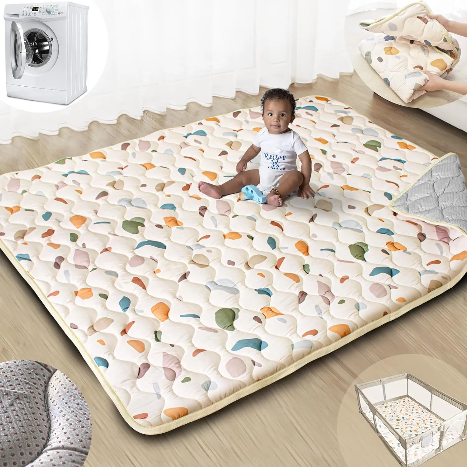Baby Play Mat, 71x59 Mat with Super Soft Touch, Activity Mat with Upgraded Anti-Slip Bottom, Machine Washable Crawling Mat for Floor & Picnic(Boho Color Blocks)