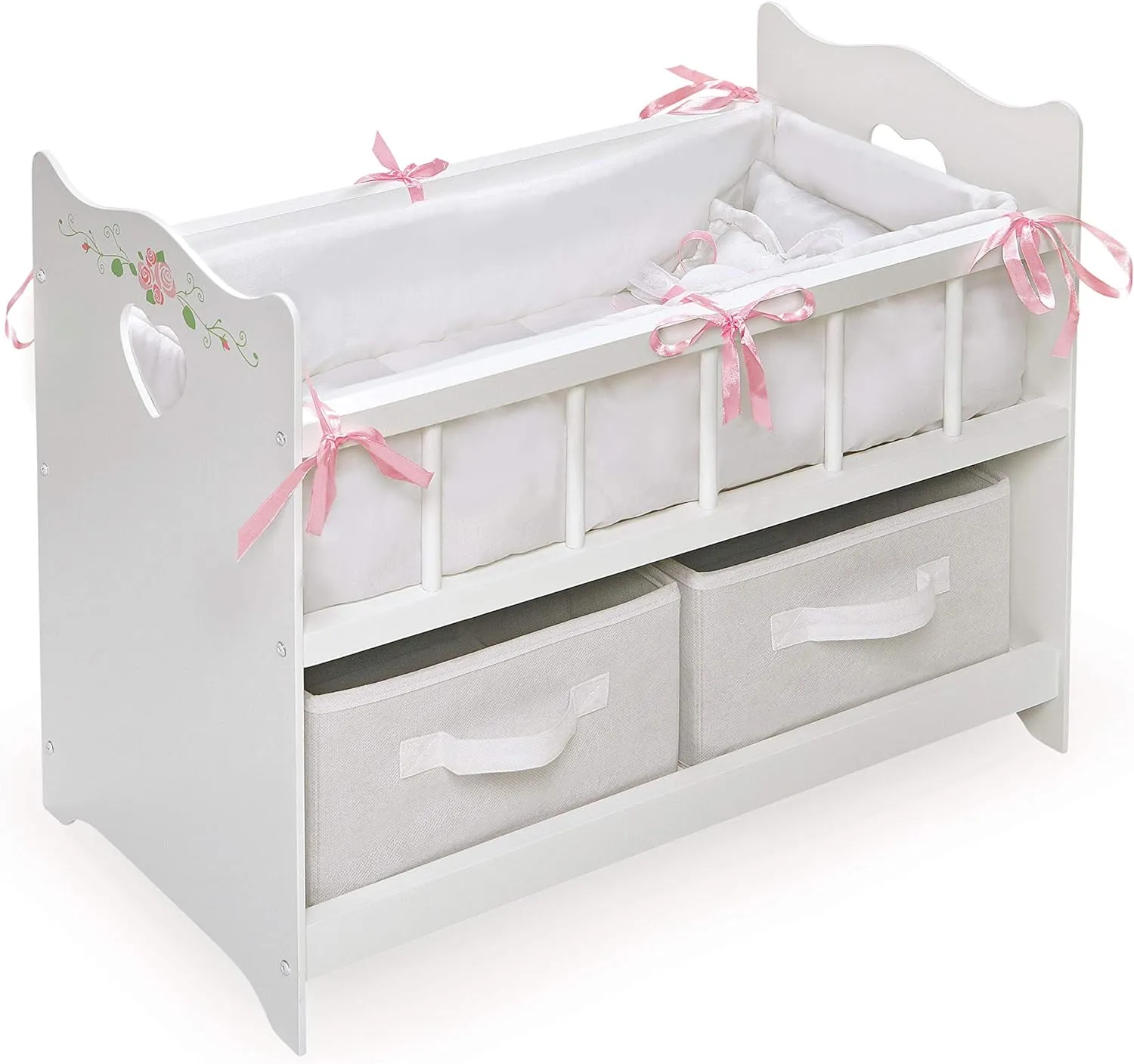 Badger Basket Wooden Doll Bed with Bed Liner, Pillows and Two Storage Baskets - Fits 18" Dolls - Ideal for Pretend Play and Baby Doll Fun - White/Rose Design with Free Personalization Kit