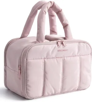 BAGSMART Travel Toiletry Bag, Puffy Large Toiletry Bag for Women, Lightweight Cosmetic Makeup Bag Organizer with Handle for Traveling, Accessories, Essentials, Toiletries (Pink)