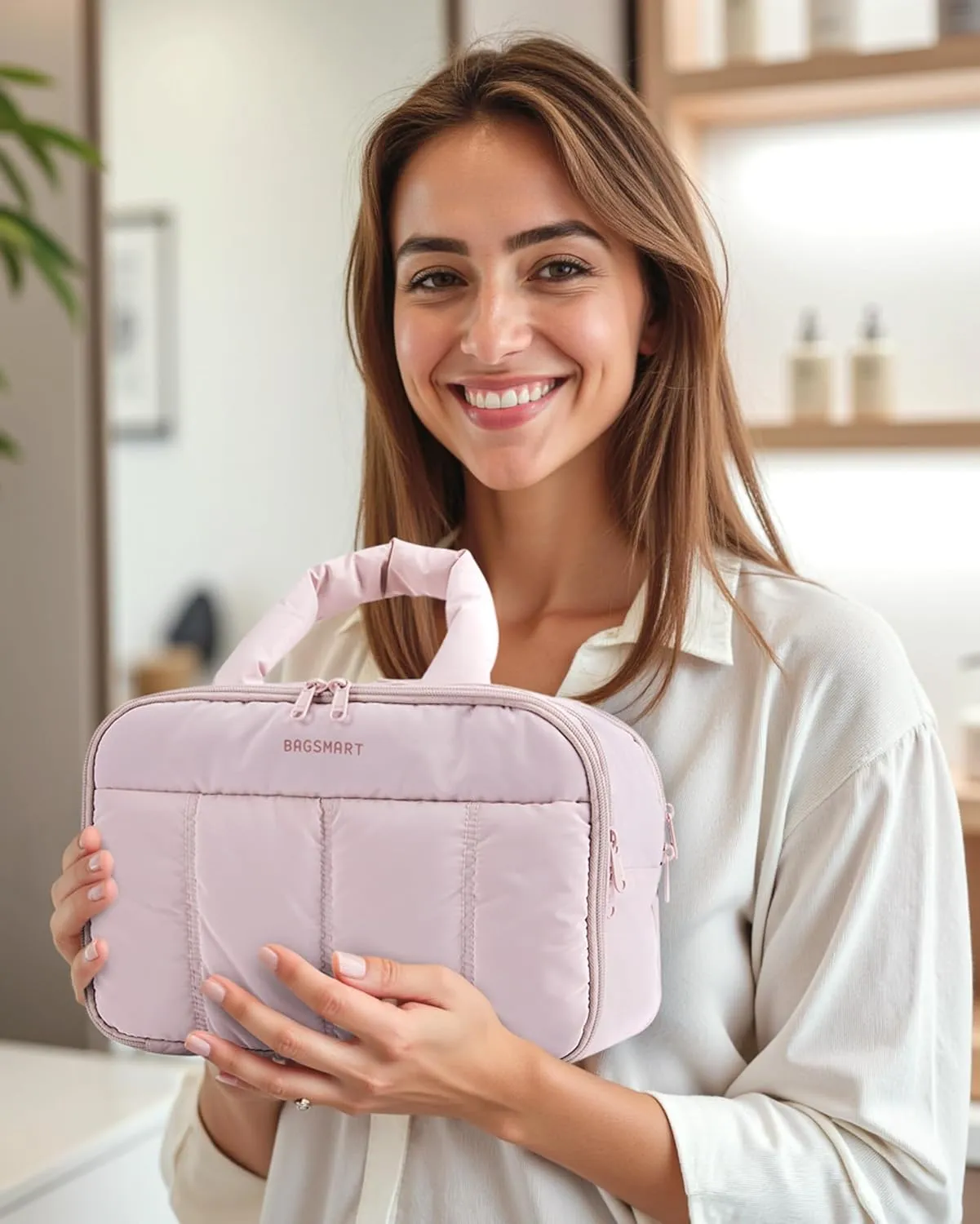 BAGSMART Travel Toiletry Bag, Puffy Large Toiletry Bag for Women, Lightweight Cosmetic Makeup Bag Organizer with Handle for Traveling, Accessories, Essentials, Toiletries (Pink)