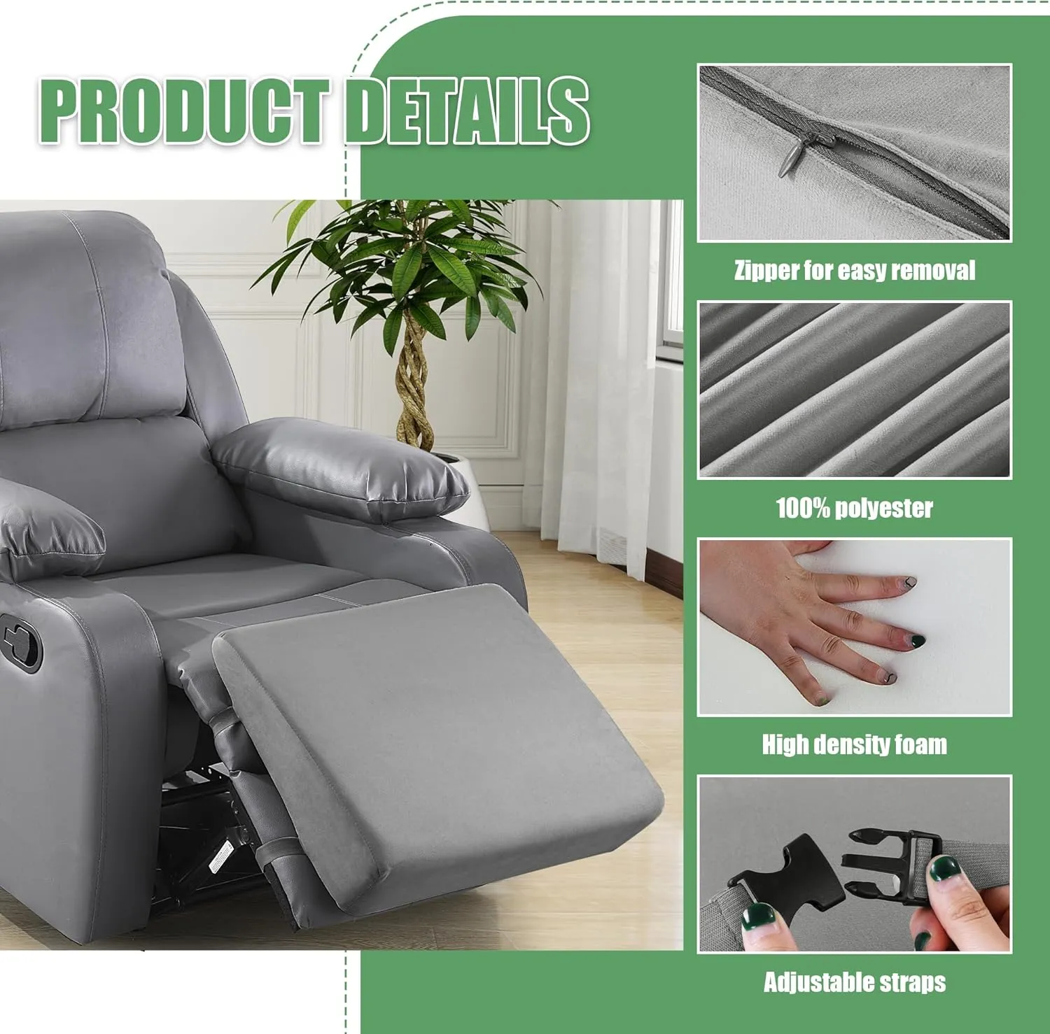 BALAPET Large Recliner Leg Pillow,Memory Foam Recliner Cushion Wedge Shape Recliner Footrest Extender,Leg、Back and Lumbar Support Pillow with Adjustable Elastic Straps(Gray)