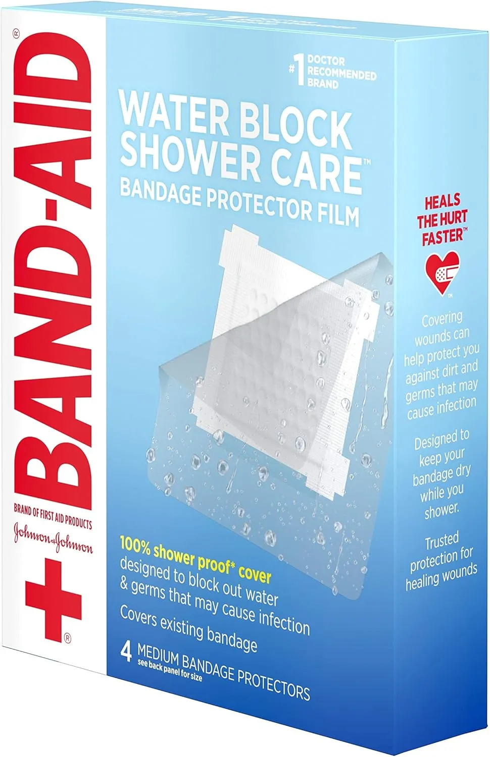 Band-Aid Brand First Aid Water Block Shower Care Clear Bandage Protector, Medium-Sized, 4 ct