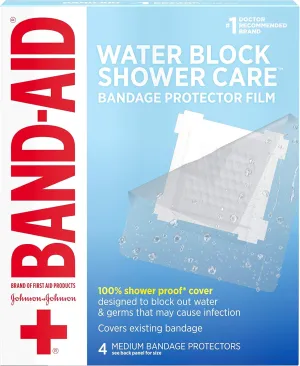 Band-Aid Brand First Aid Water Block Shower Care Clear Bandage Protector, Medium-Sized, 4 ct