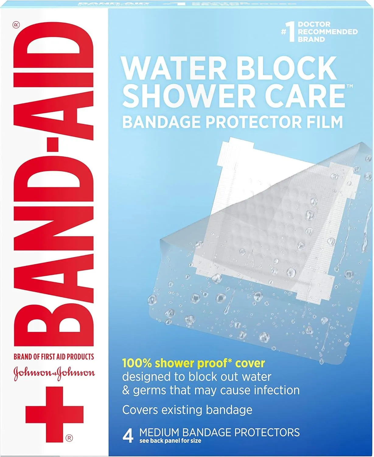 Band-Aid Brand First Aid Water Block Shower Care Clear Bandage Protector, Medium-Sized, 4 ct